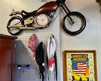 Large Metal Motorcycle Wall Clock, (Length 39" x Height 27"), Wooden "America's Hwy" Sign, H-D Do-Rags, Low Riders Way small metal sign