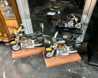 2 Heavy Glass Top Motorcycle End Tables and a Harley Davidson "Heritage Softail" Telephone