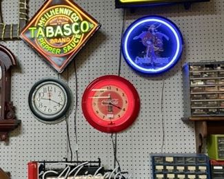 NEON SIGNS! "Open," "Stroh Light Beer," "Tabasco," "Captain Morgan" Round Blue Clock, "Michelob Ultra Beer" and "Coca-Cola" Clock