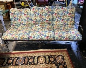 Vintage Wrought Iron Patio Sofa with Floral Cushions