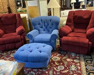 Burgundy Upholstered Recliners and a Blue Upholstered Chair/Recliner with Footstool