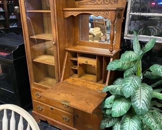 Antique Solid OAK Secretary Cabinet with Glass Door and Mirror