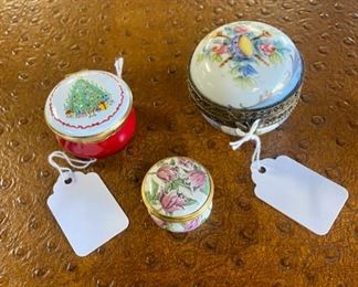 Vintage Trinket Boxes: a Limoges France (with Filigree Rim and Butterfly Clasp), a Crummles-England (Williamsburg Christmas), and a Halcyon Days Enamels-England (Tulipa Gesmeriana Dracontia)