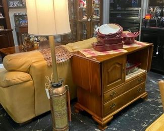 Mid Century Modern Buffet with Drop Leaf Ends and a Vintage ELKHART BRASS MFG. CO. Brass & Copper 2.5 Gallon Fire Extinguisher Custom Made into a Lamp by Mr Cass Neighbors, Chattanooga, TN