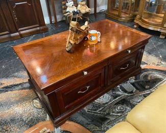 Wooden Coffee Table with Drawers and Doors and a Custom Made Wooden Motorcycle