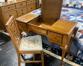 MCM Wooden Vanity with Needlepoint Seat Chair