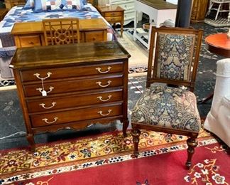Antique Solid Wooden Small 4-Drawer Chest and a Vintage Upholstered Wooden Chair
