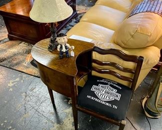 Vintage Telephone Table with BUMPUS Harley Davidson Murfreesboro, TN, upholstered on seat