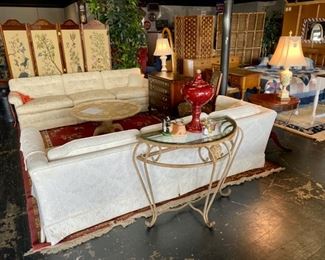 Two Mid Century Modern White Sofas (89" & 96" in length), a GORGEOUS 4-Panel Embroidered Wooden Screen, a Curved Glass Top Wrought Iron Table and a Custom Designed Round Coffee Table