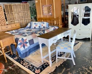 Adorable MCM Painted Vanity and Chair (with a hidden drawer underneath), a Large Mirrored Front White Armoire, and a MCM Queen Bedroom Suite