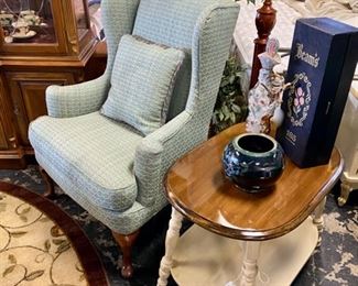 Light Green Upholstered Wing Back Chair (we have 2 of these), Vintage BASSETT End Table refurbished (we have 2 of these as well), and a BEAMS Vintage Decorative Decanter w/original box