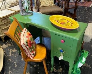 Small Green Solid Wooden Desk with Antique Chair