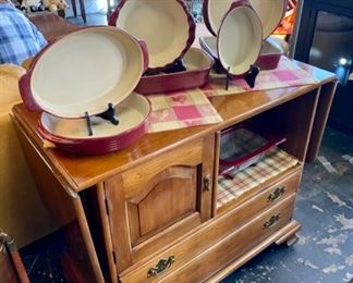 PAMPERED CHEF Baking Dishes and a Mid Century Modern VERY NICE Server / Buffet with Folding Ends, 2 Storage Drawers and Door