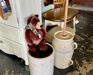 RARE~Double Handled #6 Butter Churn with Original Lid and Paddle and a 5 Gallon Blue ROBINSON RANSBOTTOM Crown Stamped Crock