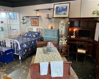 Overview of our "Nautical" area...Nice Computer Desk with Doors that fold completely back and sliding shelves that pull out when in use or can be slid back in and doors closed to look like an armoire when not in use