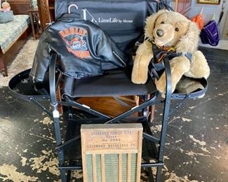Original Washboard by COLUMBUS WASHBOARD CO., a black LIME LIFE Portable Folding Chair, Child's Harley Davidson Jacket and a RARE Harley Davidson large stuffed Dog with Harley Jacket