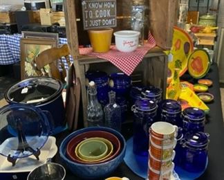 Lots of Blue Glass Storage Jars, Ceramic Mixing Bowls, Crockpot, and Blue PYREX