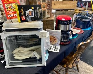 RONCO SHOWTIME ROTISSIERIE & BBQ, Model 4000NR (Brand New!), a Blue Crockpot, and a Red KITCHENAID Coffee Pot