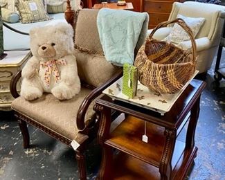 Solid Wooden (heavy) 2-Tier End Table and Upholstered Side Chair, and a Large Teddy Bear...