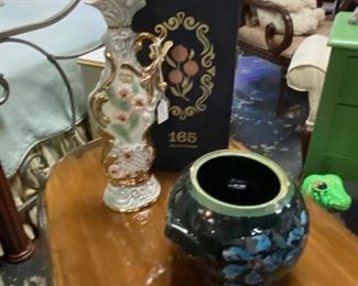 BEAM's Vintage Decanter and old green hand-painted, handled ceramic