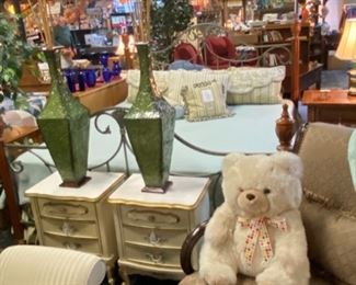 King Size Metal & Wooden Bed, with mattress & boxsprings, Two (2) French Provincial Night Stands, Two (2) Tall Green Embossed Metal Vases and a custom made, 12-PIECE King Sized Comforter Set