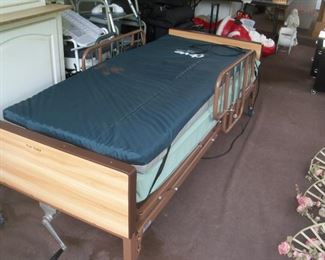 Available for pre sale, 714 499 4199. Tuffcare adjustable hospital bed. Manual height adjustment with powered head and foot adjustment. In excellent condition with drive brand mattress and pad.