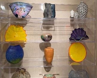 Incredible Glass, Wood, and Pottery collection! In a great lucite wall shelf