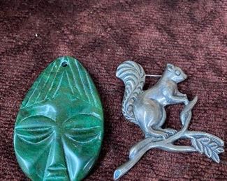 Large Jade Pendant and Sterling Squirrel Brooch