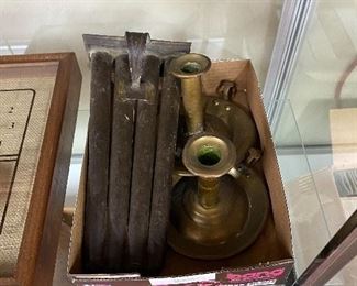 Primitive Candle Mold and Brass Candlesticks