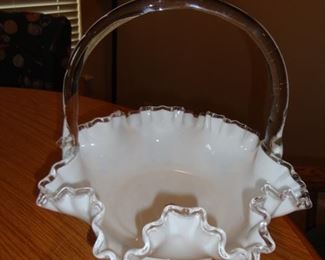 10"White Fenton handmade ruffled bowl with handle