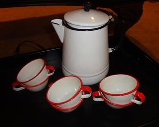 Enamel Coffee Pot and 6 Cups