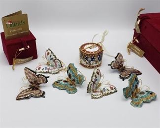 https://ctbids.com/#!/description/share/682602 Gorgeous collection of Cloisonne ornaments with original boxes. Drum stick needs to be glued back on and boxes show a little wear. Butterflies measure 2" in length.

