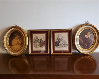 https://ctbids.com/#!/description/share/681994 Set of Vintage Victorian Pictures. The 2 round pictures are Aldo Mencarini and measures 10"x13" The LeFollet and Le Moniteur De La Mode are approximately 9"x11" There is some crazing on the glass. Good condition

