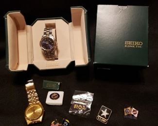 https://ctbids.com/#!/description/share/682102 Seiko Kenetic watch with box, additional Seiko watch, military related pins. See photos for condition and more details.

