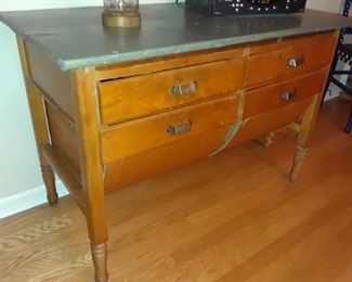 Farmhouse and Country Wood Furniture Bakers Cabinet with Tin Work Surface