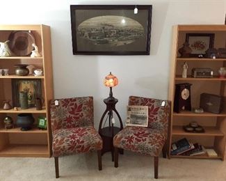 danish book shelves, side chairs, Estey Furniture Company architectural rendering, vintage stand, trench art, tramp art cigar box, 100 year old clay vase