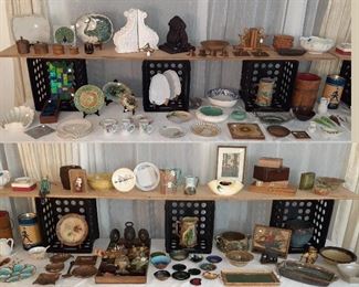 Nipon, Abingdon, Catalina, Japan serving bowl, Limoges bowl, Copper pieces, Pottery, Munising wooden bowls, Hubley cast iron door stoppers, Walker Candy Corp Owosso tin, wood carved bookends, Rosenthal Bavaria Donetella Pitcher & Plate