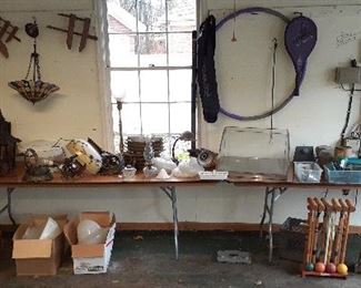 wooden furniture clamps, vintage, art deco, hanging, fixtures, and sconces, Tiffany style, croquette sets, glass display case, body blade, rock tumbler