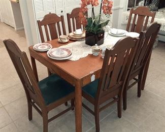 mission style oak "hide a leaf" table with 6 chairs, China (Sango Japan, Syracue, Weller)