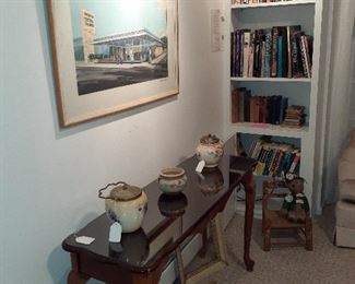 sofa table, Victorian biscuit jar, Roseville, Owosso Savings Bank rendering, Books, Art, Garden, Food, Instructional, Audubon