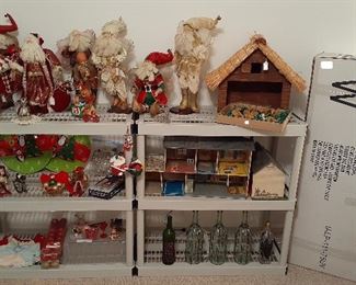 7.5’ white pre-lit tree, Mark Roberts Fairy Santas, Large nativity barn, Italian nativity set. Vintage metal doll house (Marx 1950’s), ornaments, rocking horses, vintage tin doll house, play house