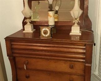 Vintage four drawer dresser with beveled mirror, Wedgwood "Hunting" lamp