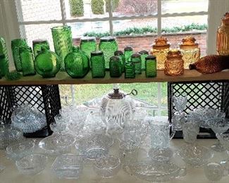 glassware (Massachusetts & Candlewick), Art Deco punch bowl, green kitchen ware, amber canister set