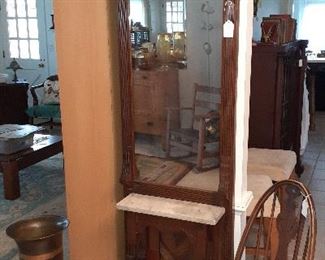antique hall stand with mirror and marble shelf, metal umbrella stand