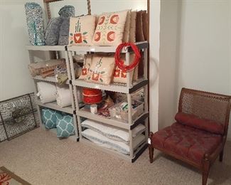 decorative pillows (Mary Englebreit), queen quilt with shams, twin comforter, Ralph Lauren queen blanket, king pillows, pillow cases, sheets, mattress pad, queen mattress pad, dust ruffle, and sheets, wool blanket, side chair