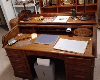 Rev. Wooton desk, ink well, house plan books, desk lamps, paper shredder