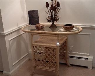 bamboo hall table, hanging light sconce, Niloak bowl