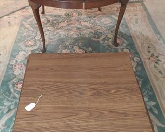 oak dining table with leaves, square coffee table, Limoge wool area rug