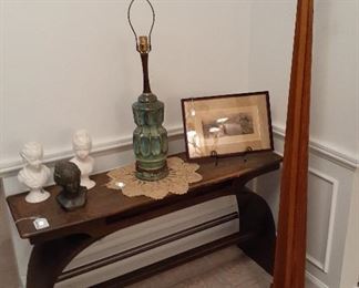 antique organ bench, mission style hall tree (1915), bust, table lamp