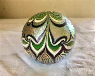 $175 Irredescent Signed Orient and Flume paperweight Chico California 